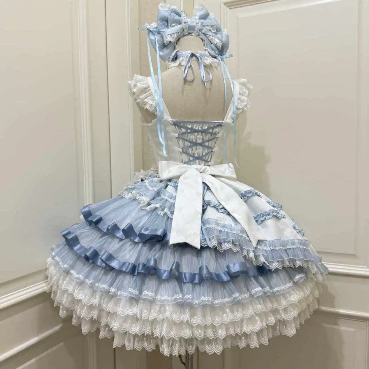 MAGOGO Elegant Sweet Blue Lolita JSK Dress Ancient Lolita Lace Bow Slim-Fit Party Princess Dresses Y2k Ballet Style Mini Dress