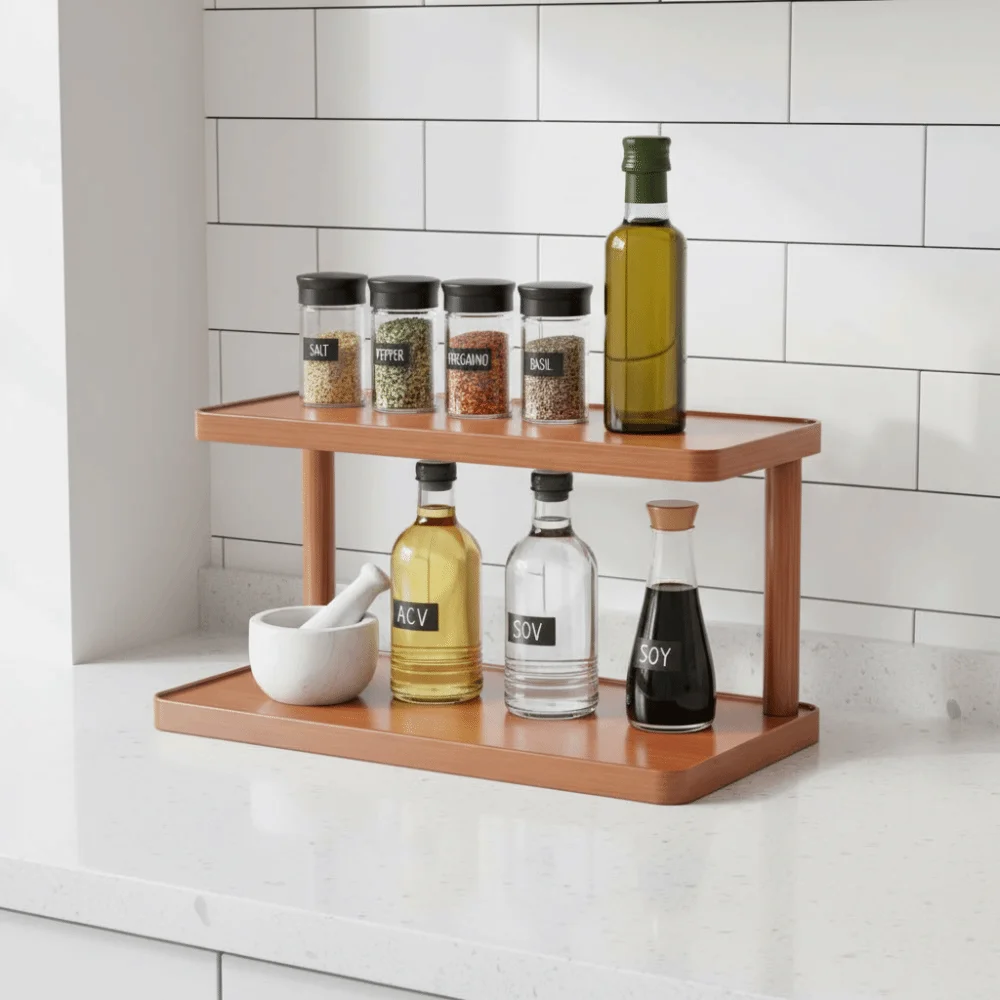 

2-Tier Design Wooden Storage Rack Freestanding Space Saving Countertop Organizer Shelf Easy Access Easy Installation