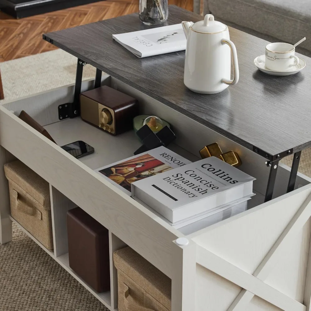 Coffee Table, Charcoal Top with White Frame, Farmhouse Cross-Sided Design Gas Lift Mesa De Centro para Sala Pop Up Coffee Table