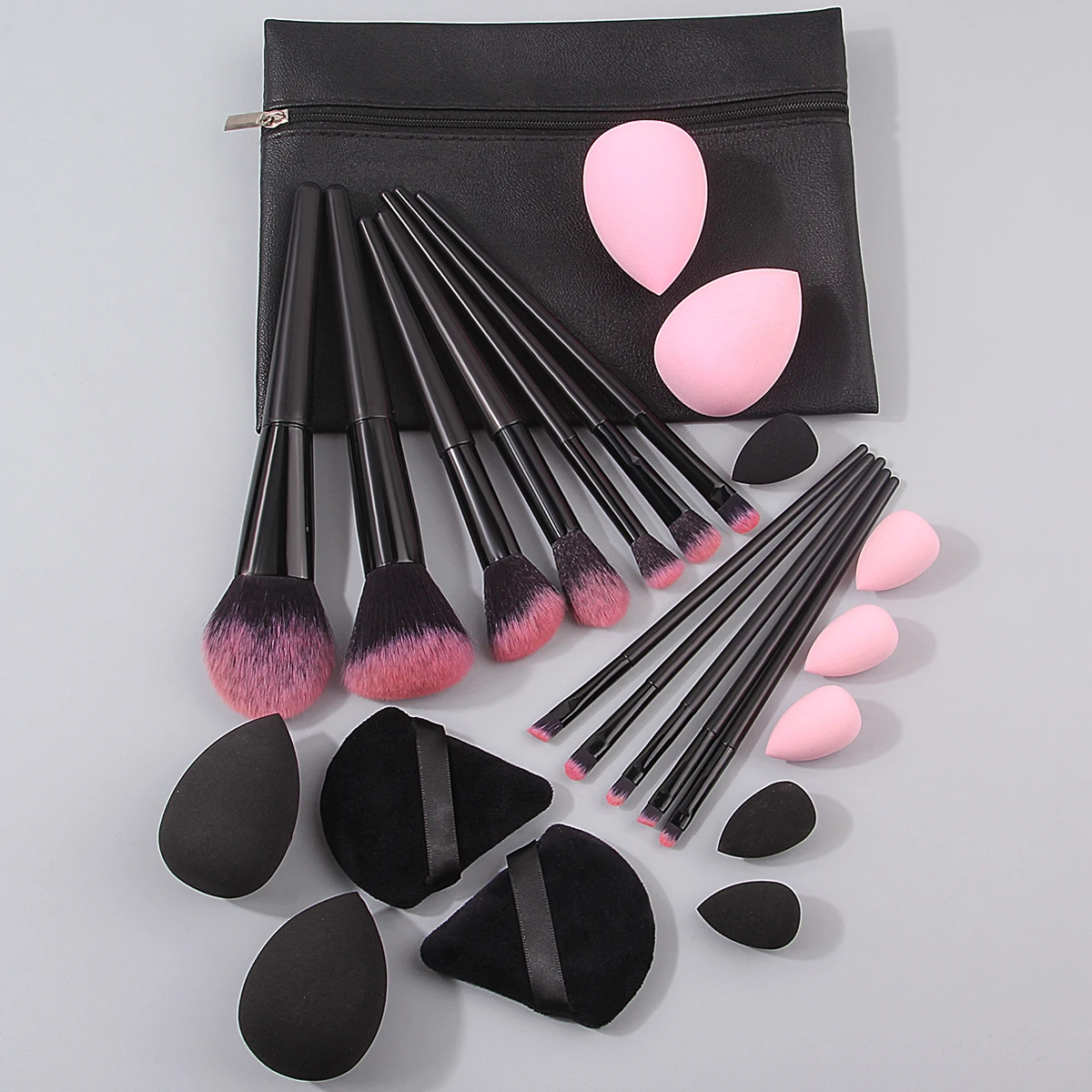 12 pçs conjunto de escova de maquiagem facial multifuncional macio + 12 pçs seco e molhado dupla finalidade beleza ovo em pó puff + 1 pçs saco de armazenamento