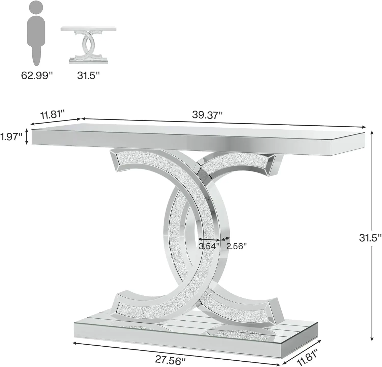 Mirrored Console Table, Modern Silver Entryway Table with Sparkling Crystal Inlays