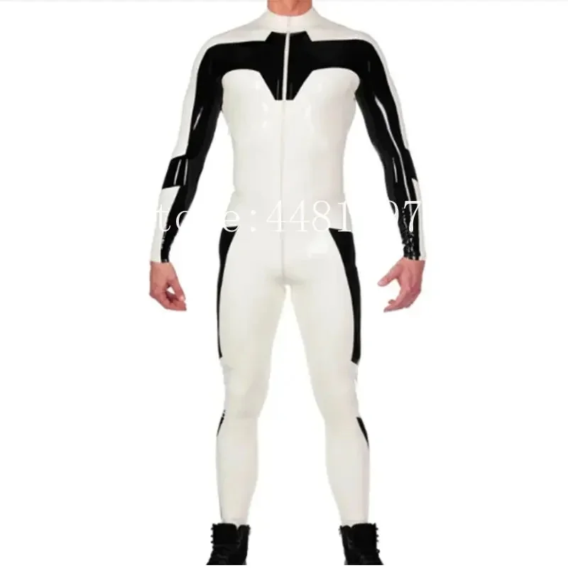 Handmade Latex Catsuit with Front Zip White with Black Trim Bodysuit for Men