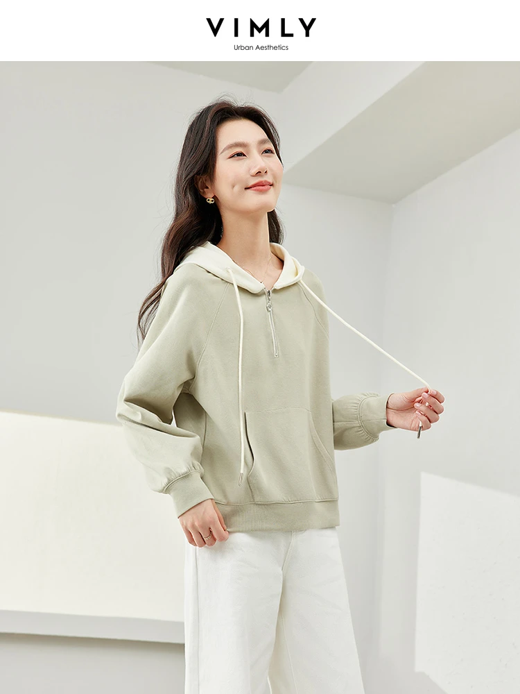 Vimly Casual Contrast Hoodies Half Zipper Hooded Sweatshirt Woman Loose Pullovers 2024 Spring New Women\'s Long Sleeve Top M6225