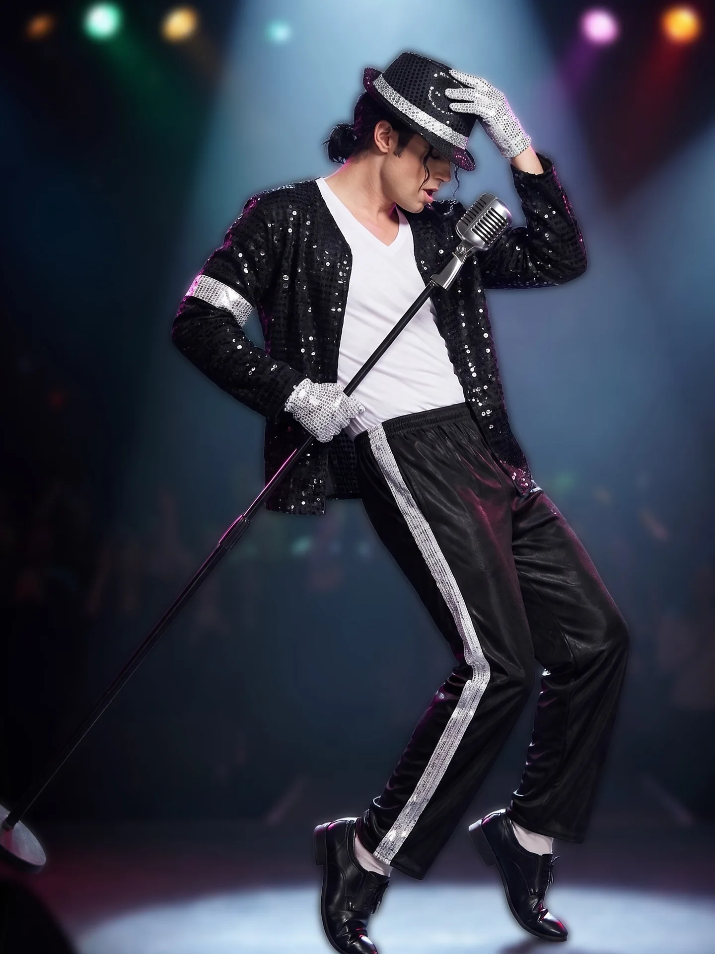 MJ Bühnenkostüme Michael Jackson Klassisches Schwarzes Pailletten-Tanzoutfit Halloween Herren Cosplay Uniform T-Shirts Hüte Handschuhe Anzug