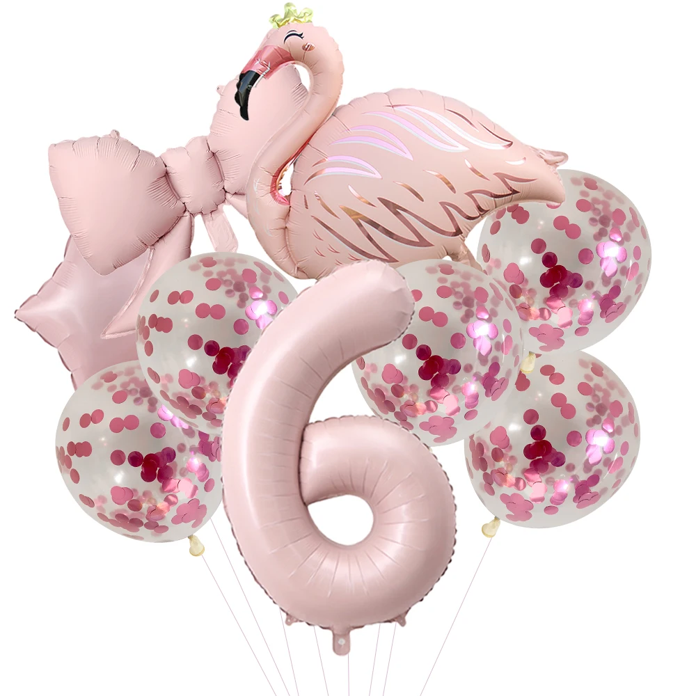 Tropical Flamingo Bow Foil Balloon Set 40Inch 0-9 Light Pink Number Balloons Baby Girl Birthday Hawaii Party Baby Shower Decor