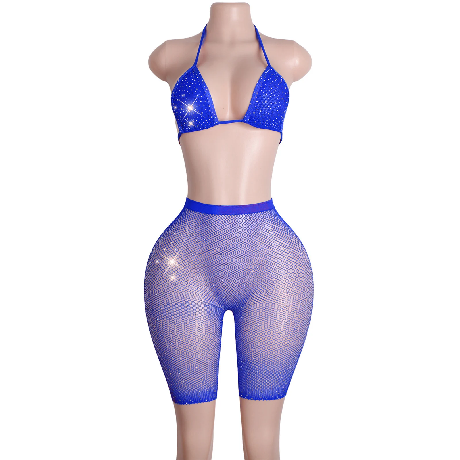 

Sexy Diamond Rhinestone Fishnet Lingerie Set Two Piece Erotic Performance Costume Adjustable Shoulder Strap Panties Ladies Club