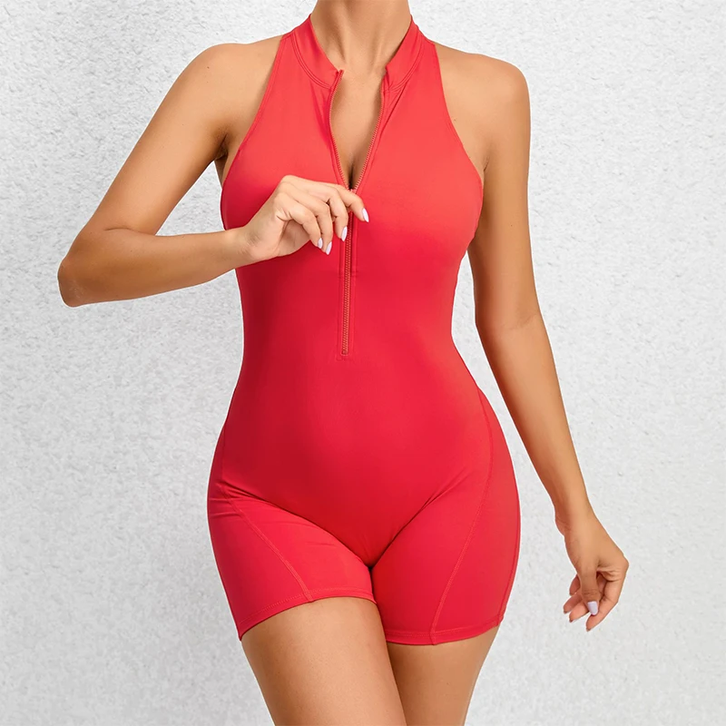 Back V Scrunch Jumpsuits Gym Short One-Piece Suit Yoga Set Push Up Zipper Workout Rompers Fitness Sexy Sports Bodysuit Female