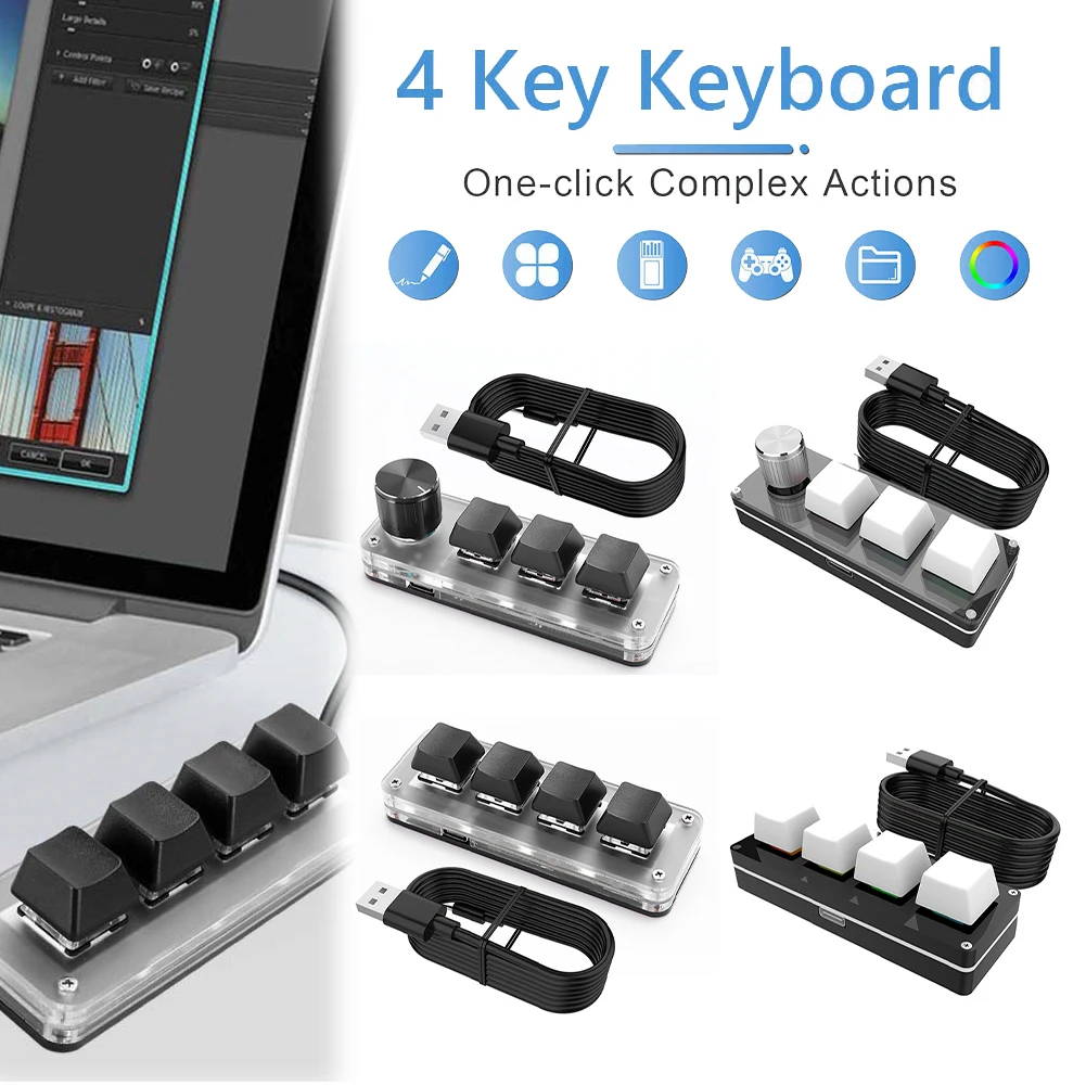 Teclado Macro com 3 Teclas e 1 Botão/4 Teclas Programáveis, RGB, USB com Fio, Mini Botão para Copiar e Colar, Switches Vermelhos Mecânicos