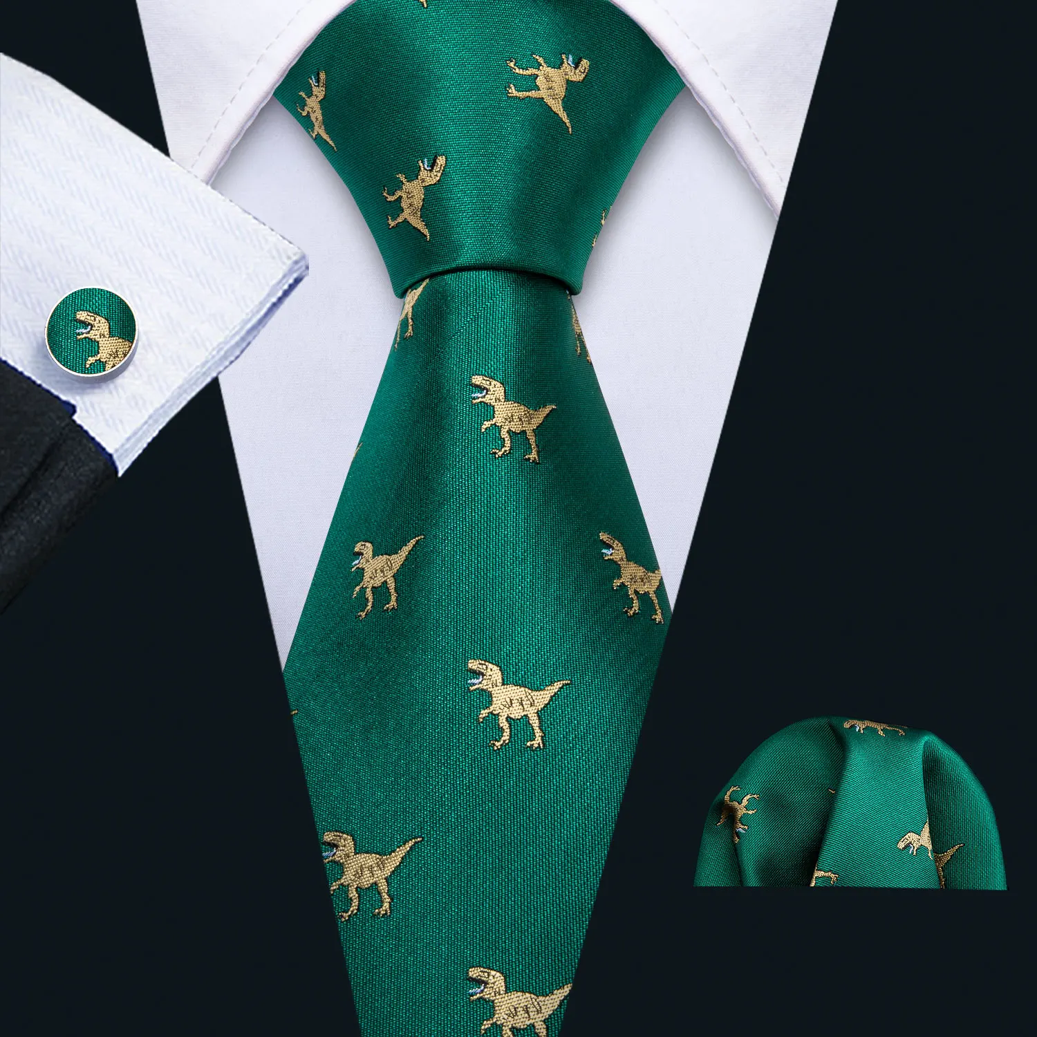 Barry.Wang Jacquard Animal Silk Mens Tie Hanky gemelli Set Dinosaur Chick Horse Dog Panda skull Necktie per la festa nuziale maschile