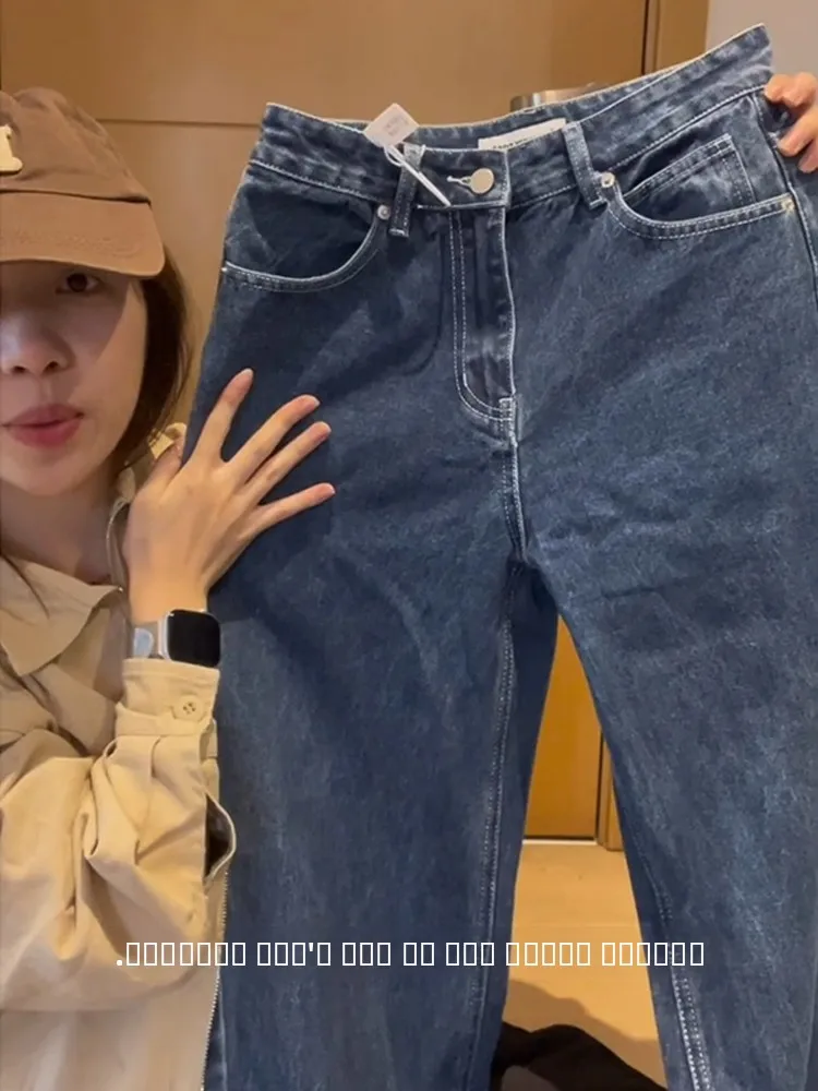 جينز رجالي كاجوال مطبوع باللون الأزرق الداكن بنطال جينز أمريكي واسع الساق بطول الأرض وفضفاض مستقيم من قماش الدنيم