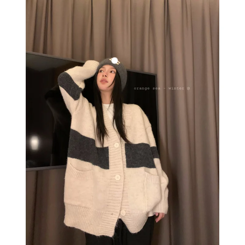 

Women Clothing Apricot Vintage Knitting Sweater Cardigan Jacket Stripe Long Sleeve Casual Fashion Female Winter Round Neck Tops