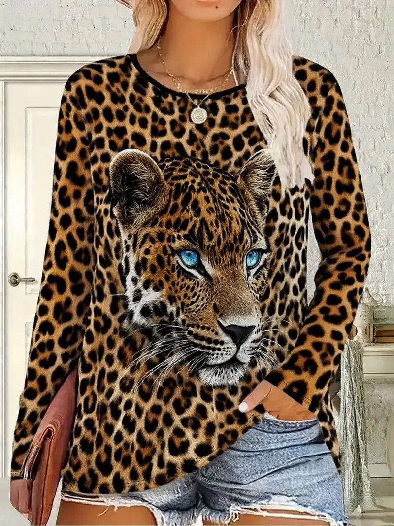 Autumn Leopard 3D Print Long Sleeve T-Shirt Women's Casual T-shirts Fashion Oversized Tops Y2K Tees Streetwear Female Clothing