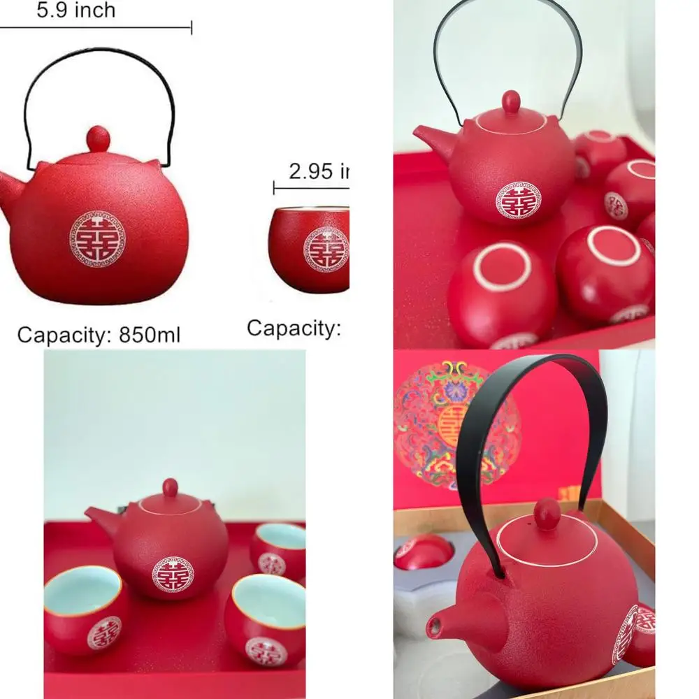 

Chinese Wedding Tea Set - Traditional Ceramic Double Happiness with 1 Teapot, 8 Cups, Gift Box for Engagements, Bridal Showers,