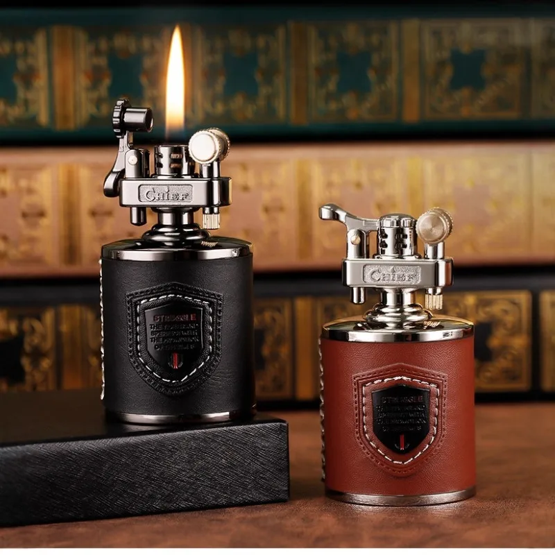 `Chief Retro Table Lighter PU Leather Surface Flint Ignition Metal Desktop Lighter Collectible Gift For Men`
