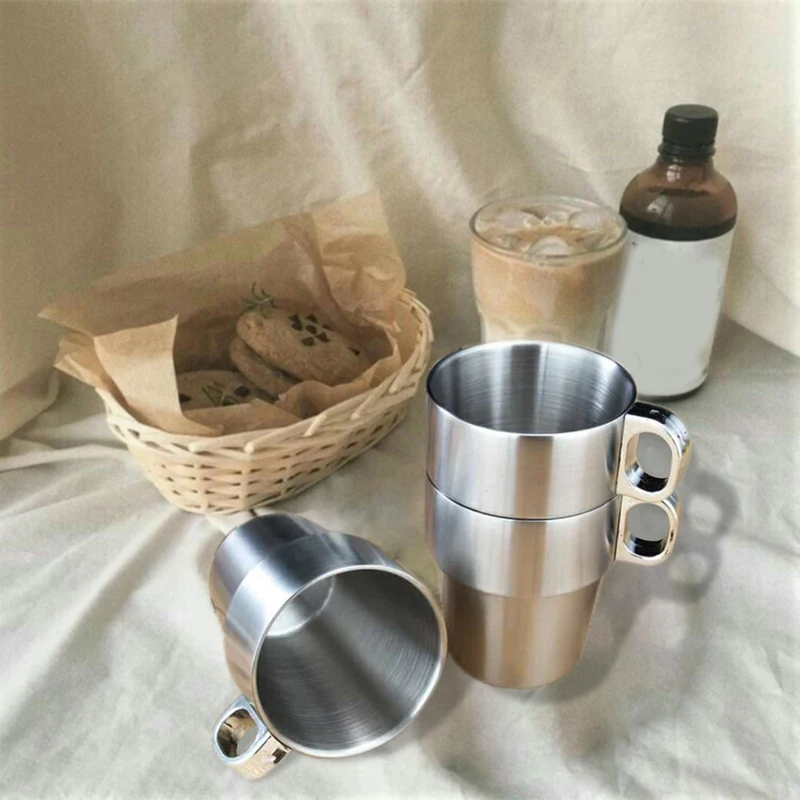 Stainless Steel Water Cup, Double Layer Coffee Cup, Practical Anti-Scald Stackable Water Cup Set With Cup Holder Stand