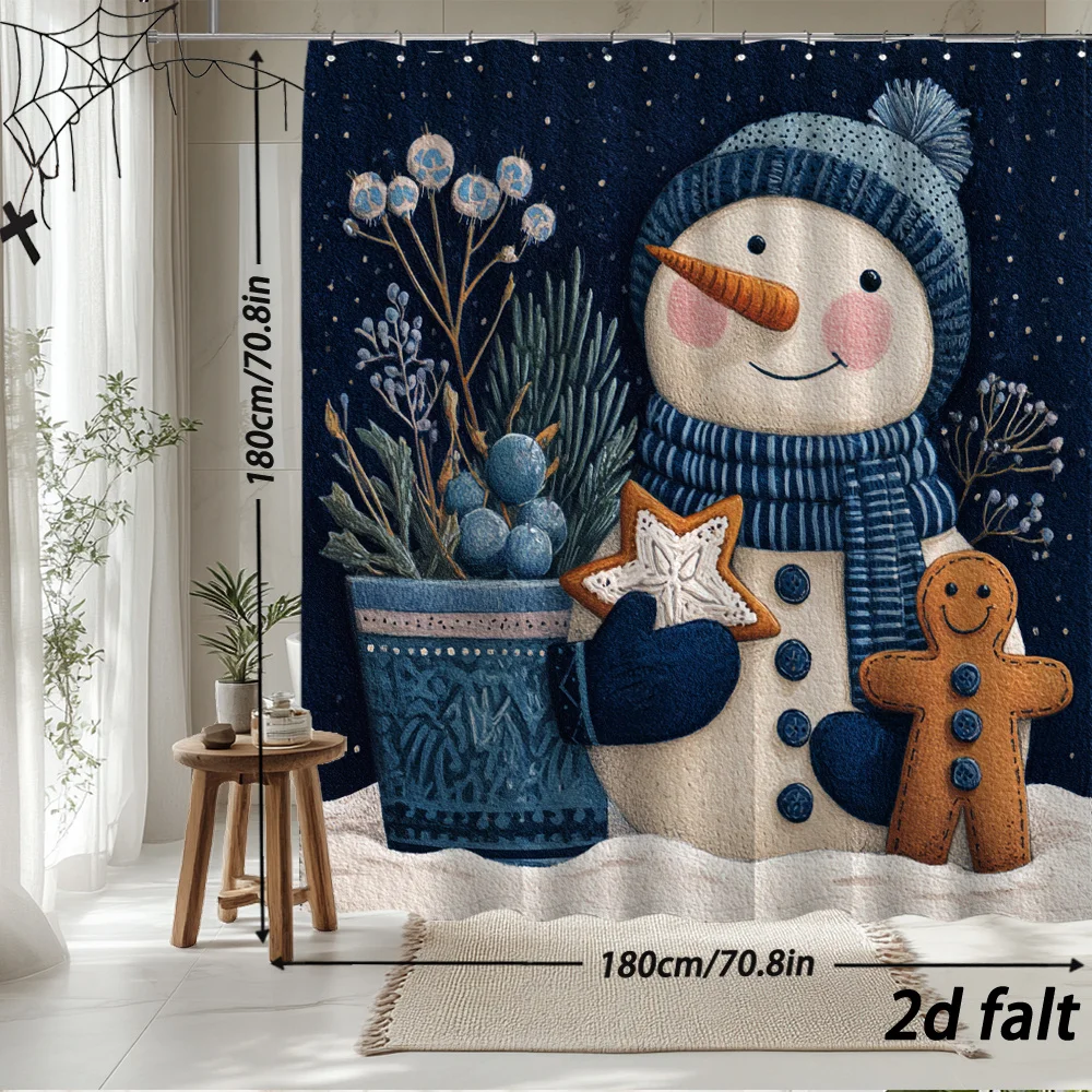 Whimsical Christmas Snowman Gingerbread Man Shower Curtain Waterproof Holiday Bathroom Decor Nordic Xmas Seasonal Novelty curtai