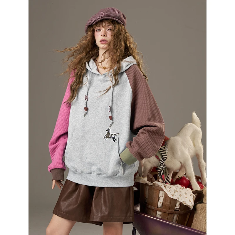 ELFSACK 2025 Autunno nuovi arrivi casual morbido colorblock manica raglan felpa con cappuccio con coulisse allentata per donna