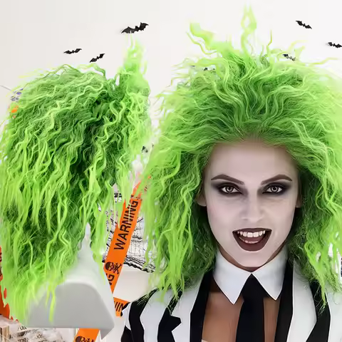 Fluorescent green gradient fluffy small roll bubble surface synthetic wig |Halloween grotesque theme cross-dressing funny coswig