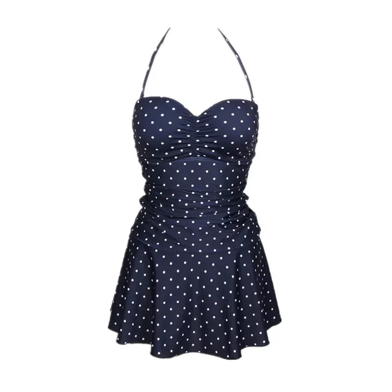 Women\'s Skirt Style Swimsuit Polka Dot Belted One-Piece Swimwear Sexy Backless Strappy Cut Out Monokini Girls Beach Bathing Suit