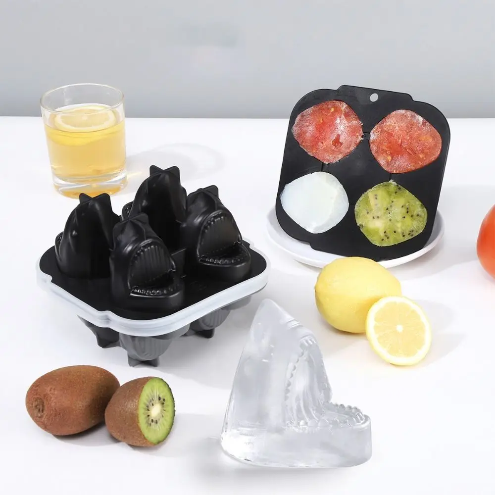 

2pcs 3D Sharks Ice Cube Mold Food Grade Silicone Easy Demolding Ice Cube Tray 4 Grid DIY Ice Cube Maker Refrigerator