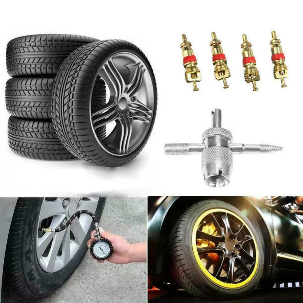 5pcs Car Tire Repair Tool  Automobile Valve Cores Air ConditioningWith 4-in-1 Tyre Tire Valve Stem Remover Repair Tool