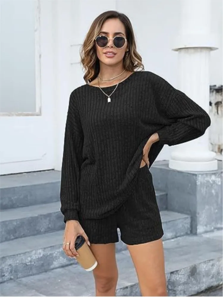Elegant 2-Piece Set for Women Solid Color Long Sleeved Short Sets Women's O Neck Autumn Winter Women's Casual Home Clothing Sets