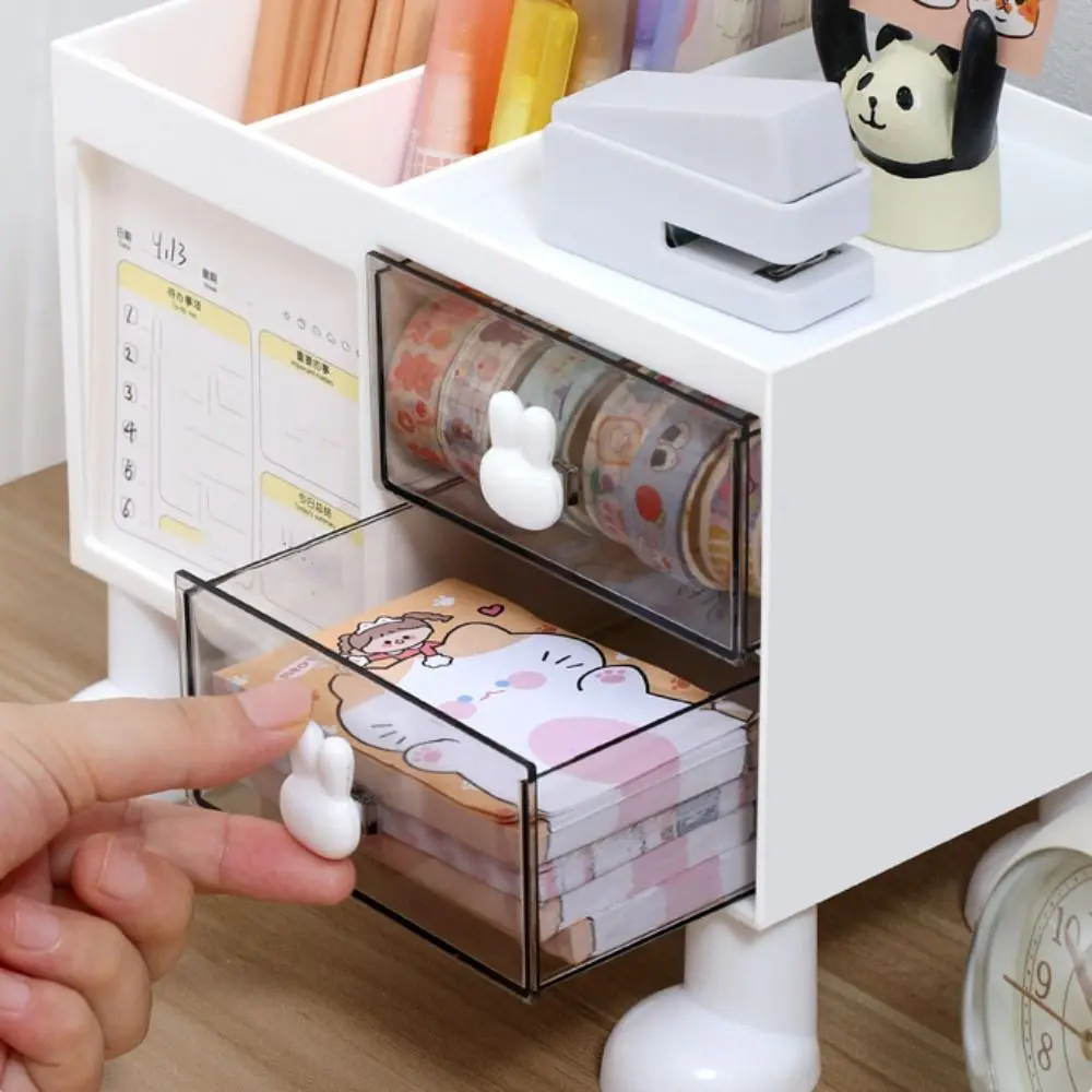 

Sturdy Rabbit Handle Pen Holder Drawer High-capacity Pencil Storage Box Plastic Cute Stationery Organizer Office