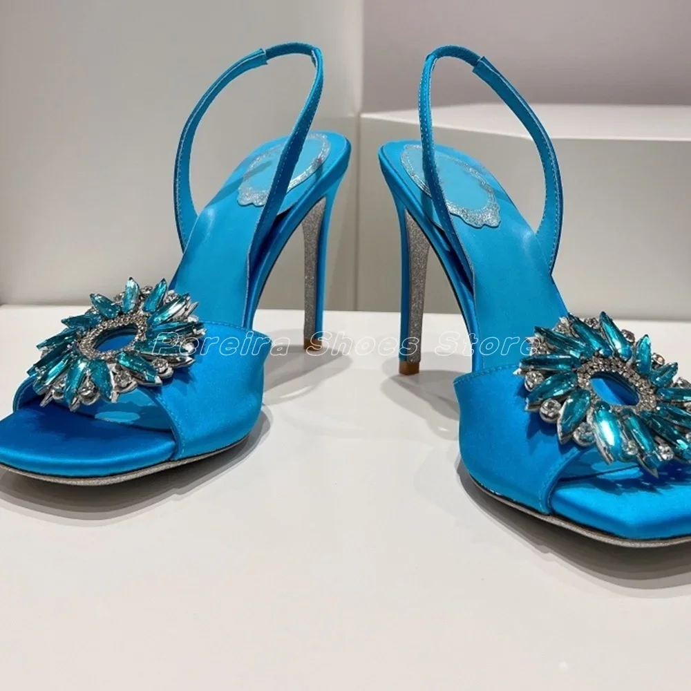 Blue Glittering Rhinestone Flower Sandals Stiletto Open Toe Sexy Ladies Dress Party Shoes 2024 Women Shoes New Trend