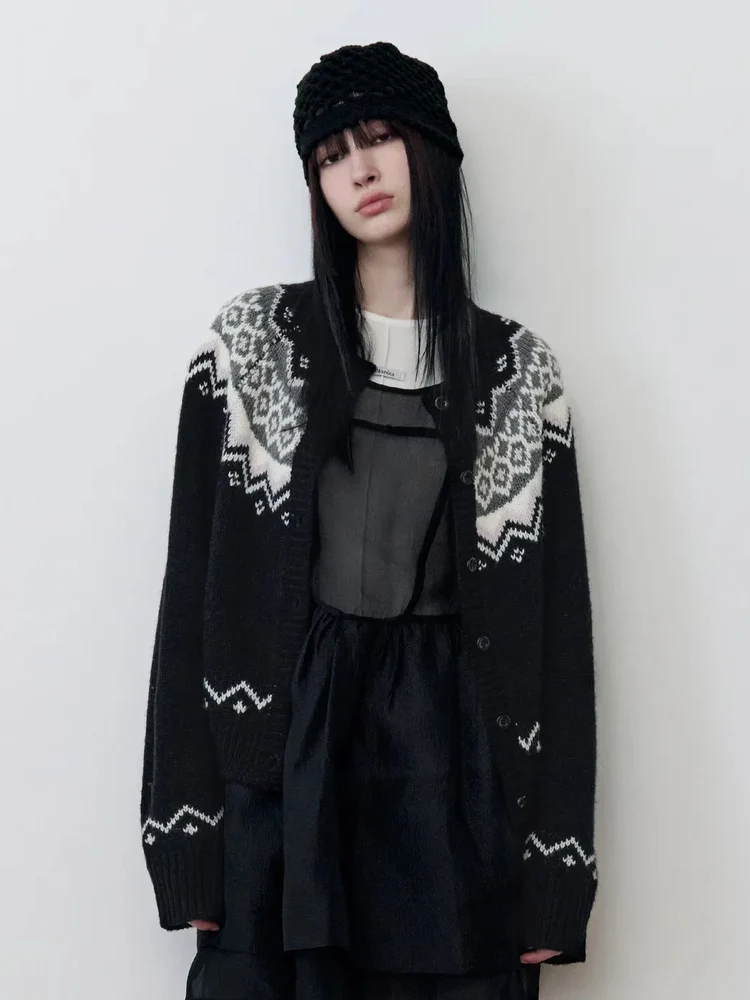 レディースニット花柄オープンカーディガン エスニックスタイル デイリーウェア 中程度の柔らかさ 長袖 丸首 暖かさを提供