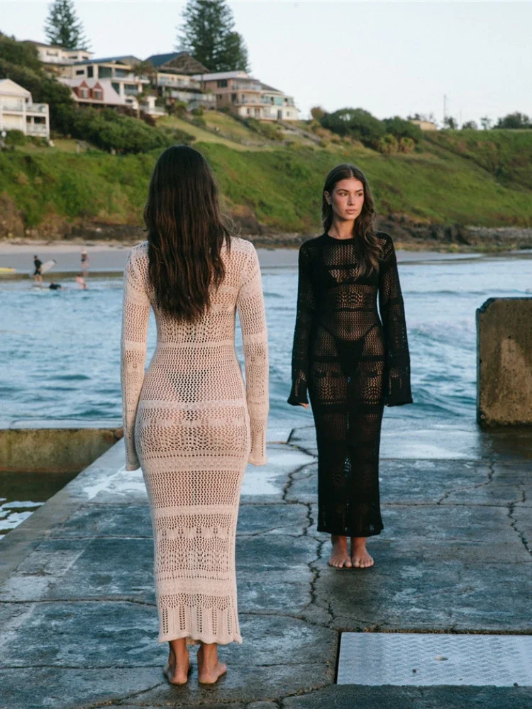 Robe de plage en Crochet pour femmes, longue, tricotée, Sexy, solide, Cover-Up pour les maillots de bain, vacances d'été, livraison directe