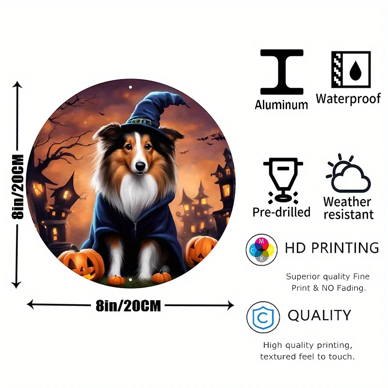 1pc 8x8inch Aluminum Metal Sign Halloween Collie Wreath Sign, Metal Collie Sign, Collie Dog Sign, Wreath Attachment Sign, 2D Fla