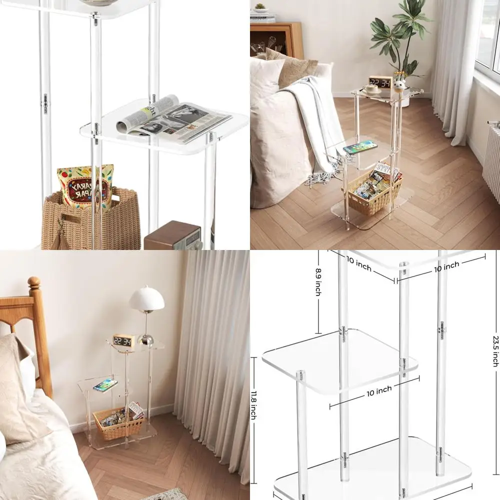 

Clear Acrylic 3-Tier Square Side Table - Small Nightstand for Entryway, Living Room, Bedroom, 17 x 10 x 23.5