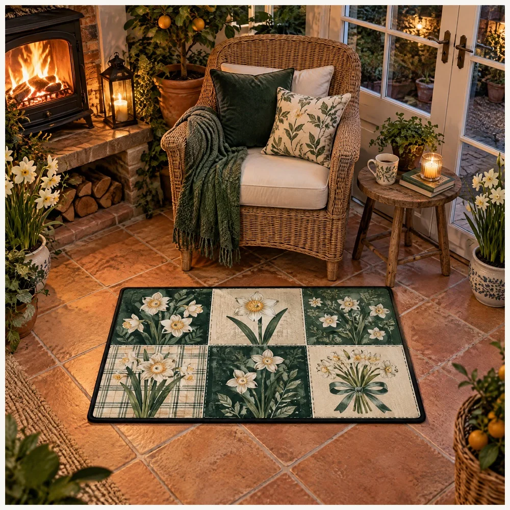 VIKAMA British Forest Cream Daffodil Flannel Door Mat, Soft Washable Hallway Mat, UK Home Decor for Pantry, Cloakroom, Hallway