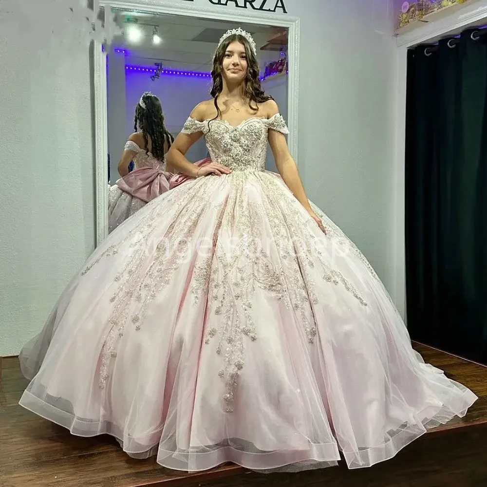 Angelsbridep Elegant Bling Pink Ball Gown Quinceanera Dresses Lace Appliques Evening Party Dress Woman Vestidos De Festa