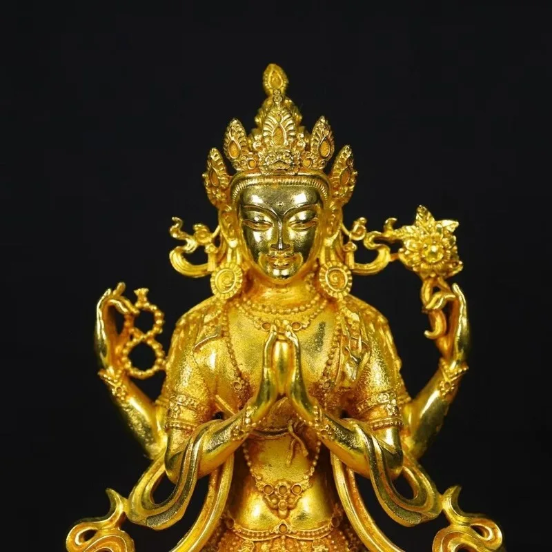 23cm Buddhist Supplies Avalokitesvara Bodhisattva Four-Arms Guanyin Tibetan Figure Buddha Statue Home Altar Sculpture