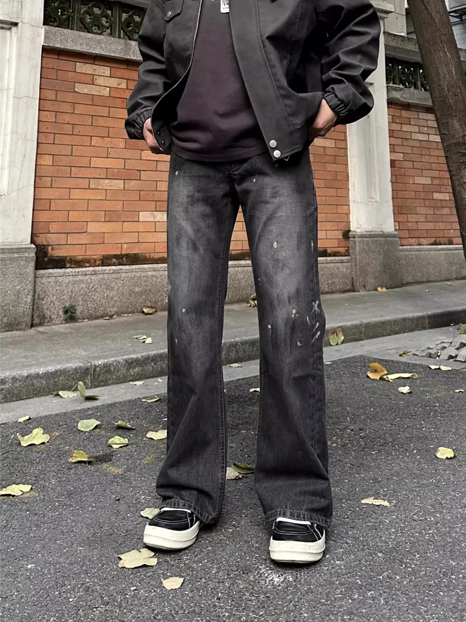 

Мужские джинсы в стиле ретро-американского стритстайла, свободного прямого кроя, широкие, с эффектом выцветания, модные повседневные, синие, из денима.