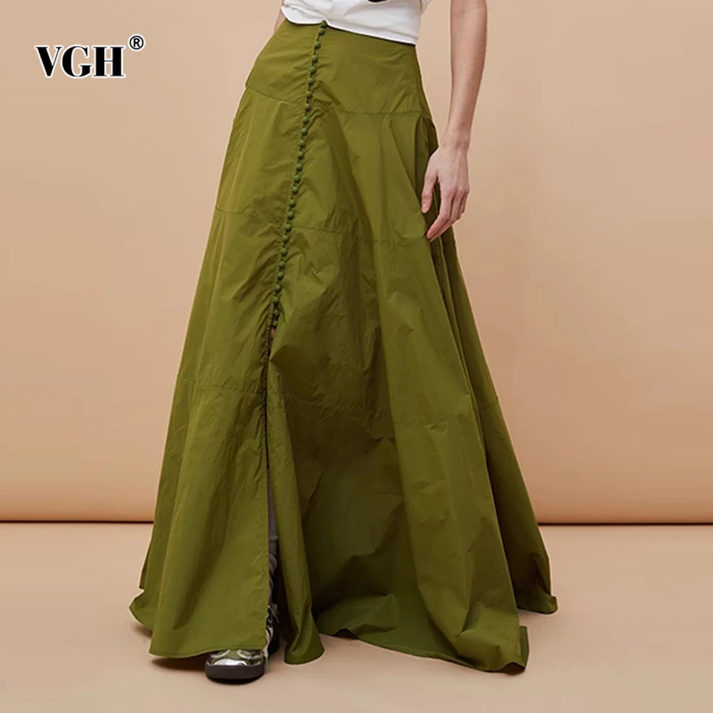 

VGH Solid Slimming Designer Spliced Button Skirts For Women High Waist Spring Temperament Draped Long Skirt Female Fashion New