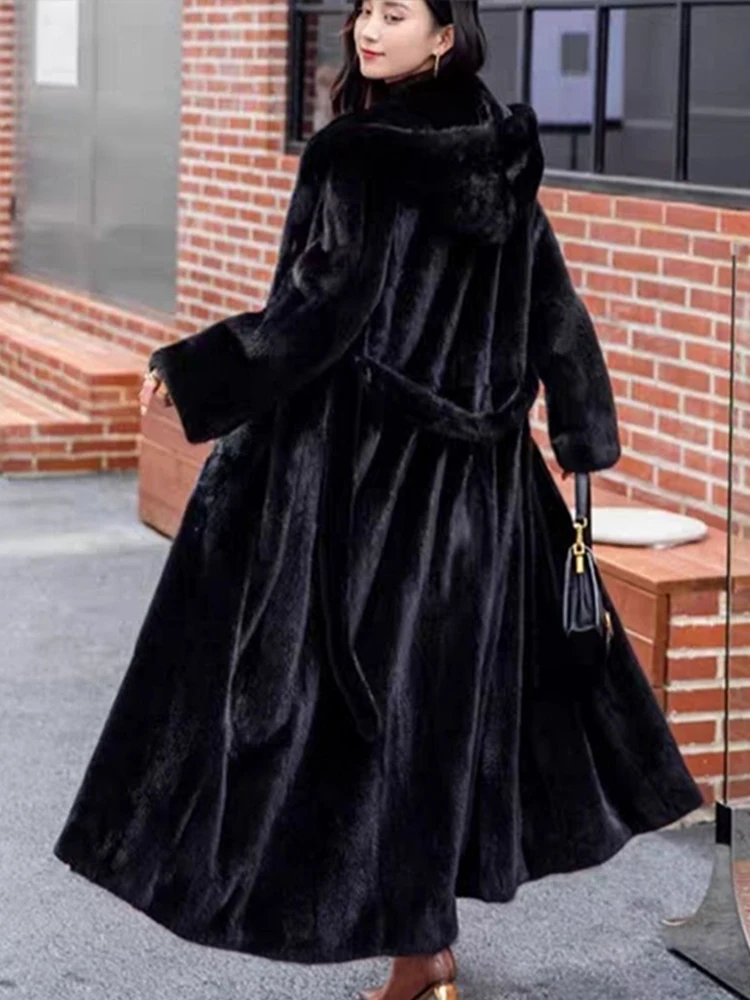 Faux Fur Hooded Coat With Belt Hat Women Imitate Mink Fur Extended Long Coats Warm Thicken Overcoat Slimming Fluffy Outwear Top