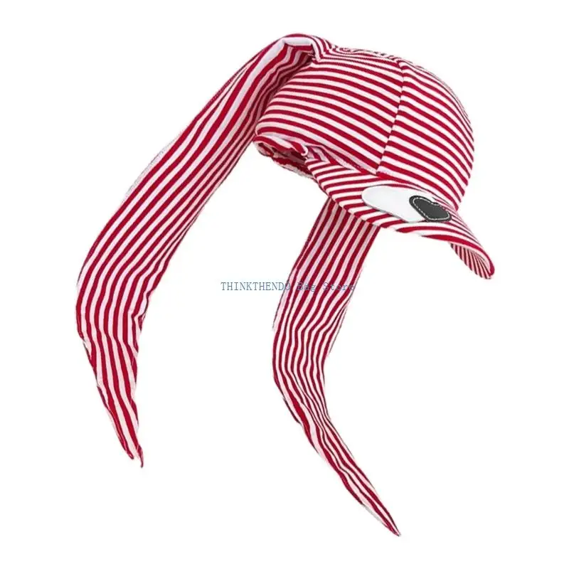 340D Trendy 2000s Rabbits Ear Baseball Hat Classical Stripe Sun Hat With Heart Patches For Subcultural Women Teens Daily Wear