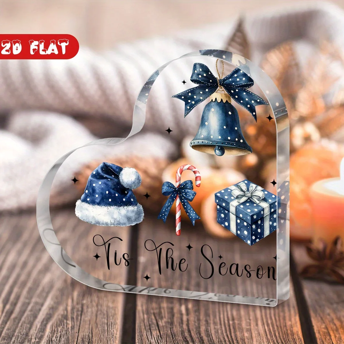 Tis The Season Blue Polka‑Dot Christmas Heart‑Shaped Acrylic Plaque, Winter Tabletop Decor