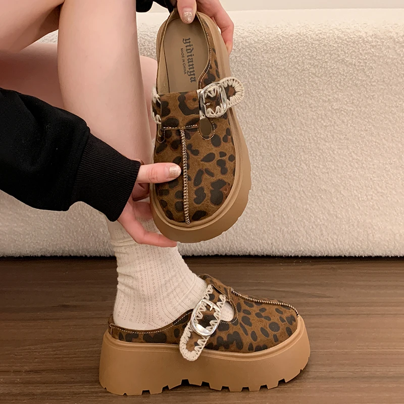 New Summer Women Faux Suede Leopard Print Buckle Strap Chunky Platform Mules Sandals Clogs Round Toe Casual Slippers Shoes Women