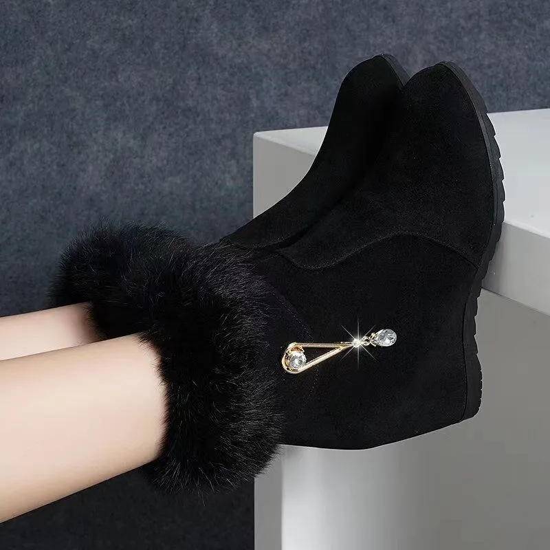2022 New Winter Fashion Women Wedges Ankle Boots Increasing Height Shoes High Heels Booties Metal Rhinestone Botas Mujer