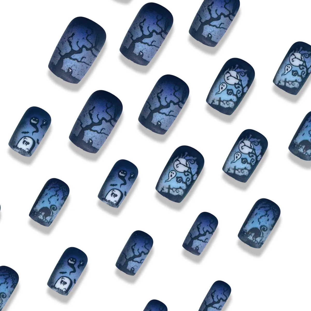 24pcs Halloween Painting Matte Press on Nails Blue Black Color False Nail Tips Wearable Full Cover Mid-length Coffin Fake Nails