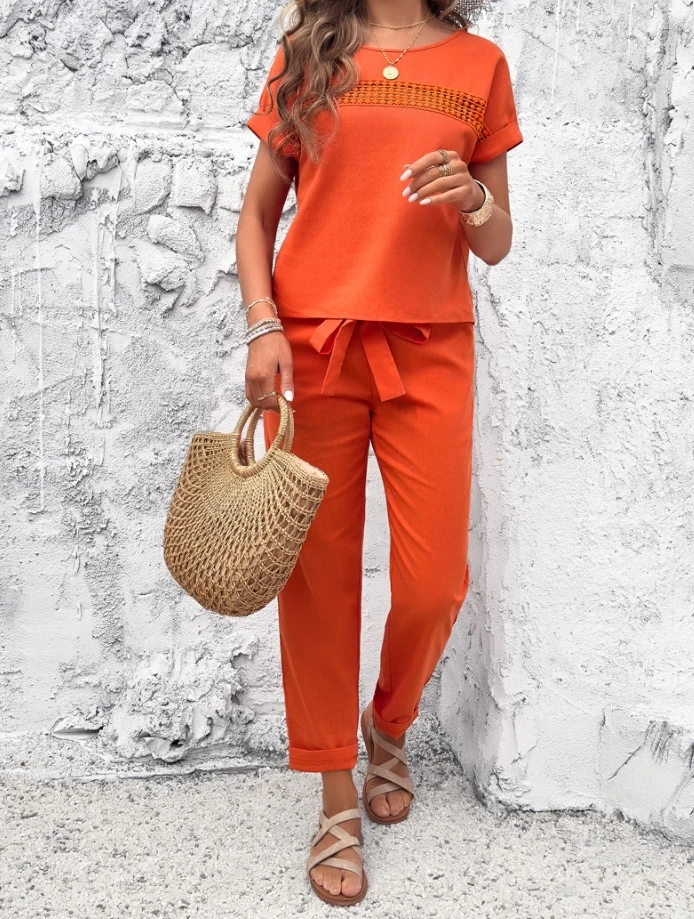 Temperament Casual Solid Color Fashionable New Round Neck Hollow Short Sleeved Top Tie Up High Waist Wide Leg Long Pants Set
