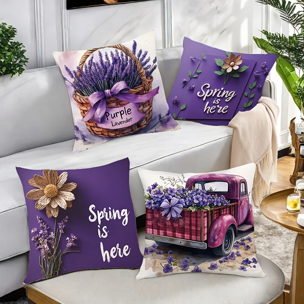 Premium 4 Piece Spring Decor Pillow Sham Set Purple Floral Lavender Printed Cushion Covers Polyester Home Accent Throw Pillow Ca
