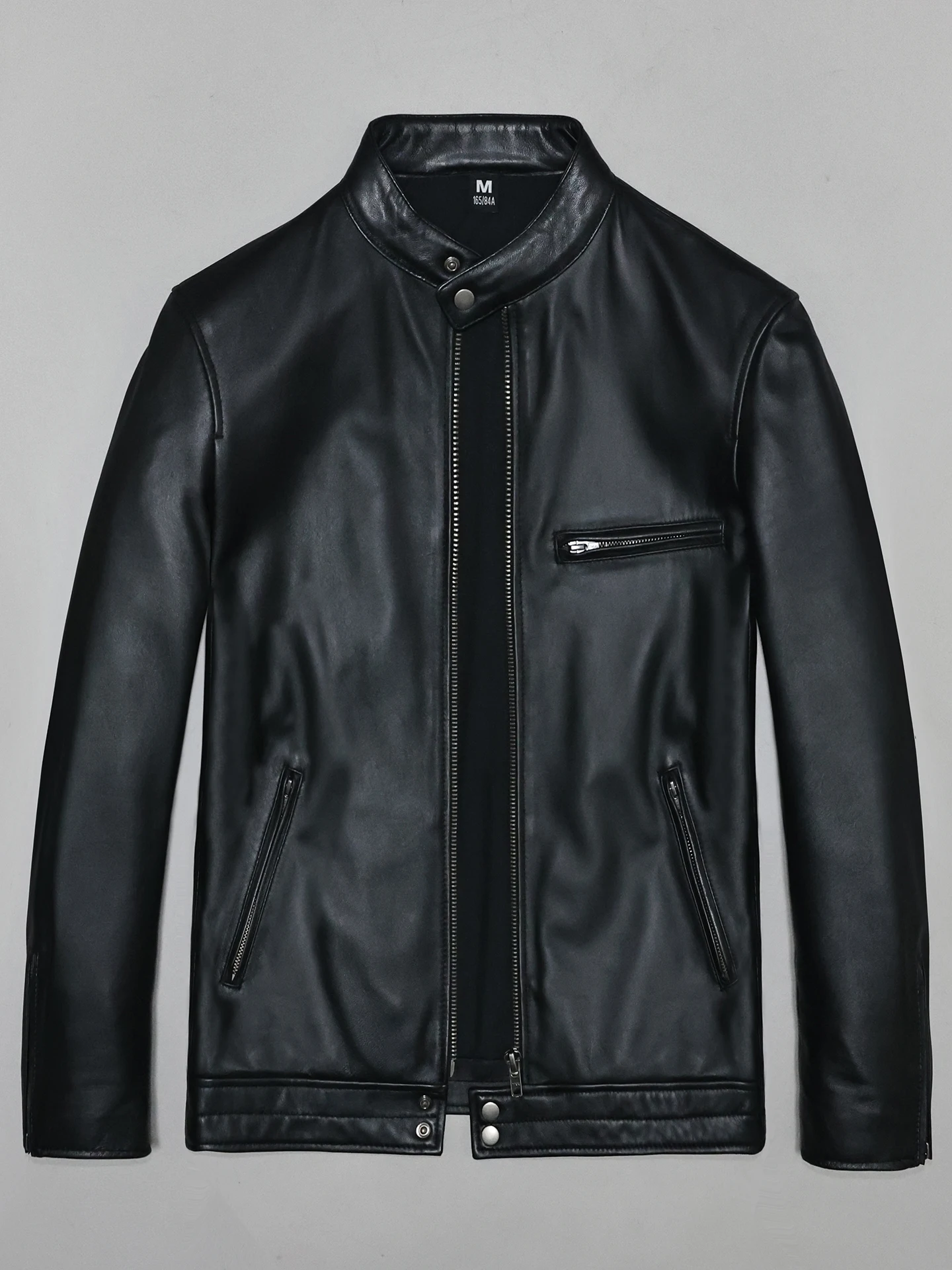 

Soft Top Layer eep Leather Jaet Men's Slim Fit Stand Collar Extended Length Youth Simple Motorcycle Jaet Outerwear