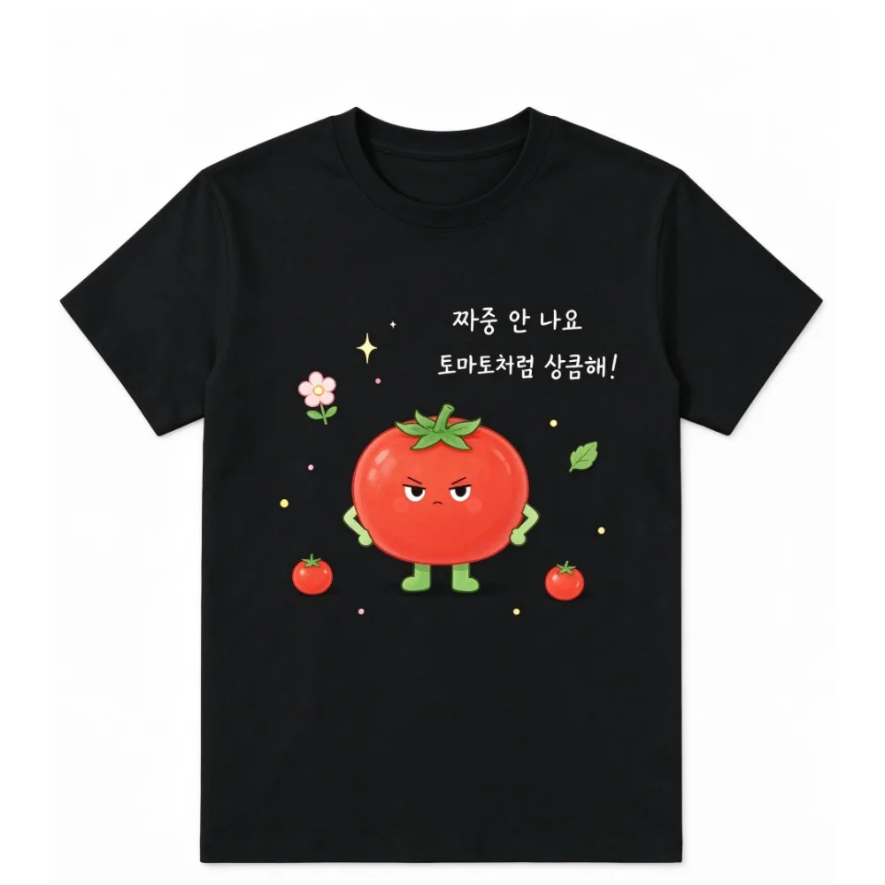 Funny Kawaii Sleeping Tomato Cartoon T‑Shirt Korean Hangul Slogan Print Unisex Oversized Casual Short Sleeve Streetwear Tee