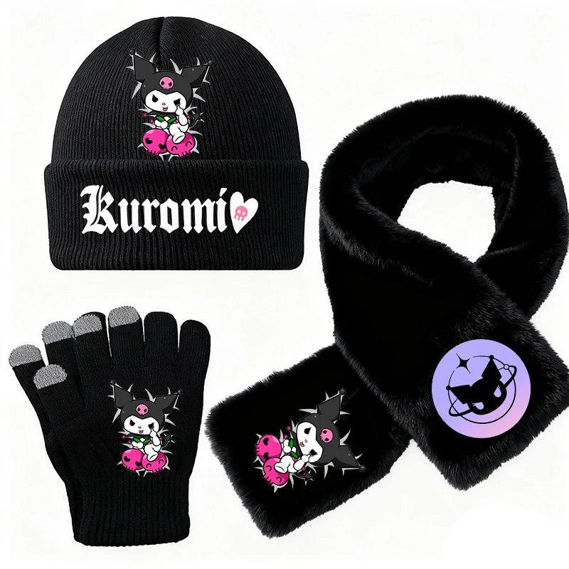 3PCS/Set Set Topi Rajut Kuromi untuk Anak Perempuan, Syal, Sarung Tangan, Set Beanie Musim Dingin untuk Balita, Sarung Tangan, Penghangat Leher, Aksesoris Luar Ruangan, Hadiah Natal