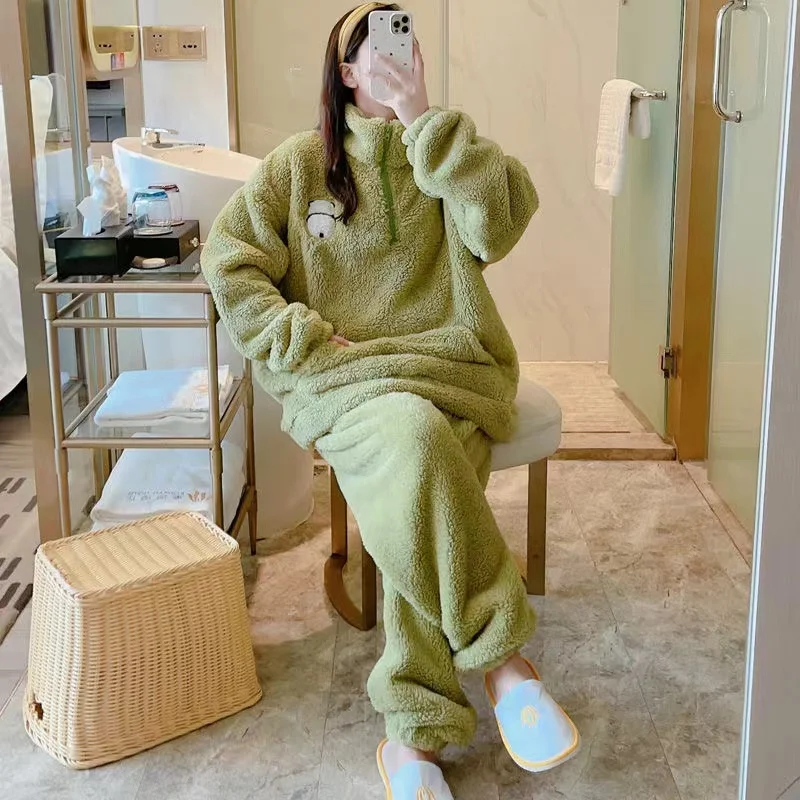 Women's Long-Sleeved Flannel Pajama and Pants Set, Loose, Thick, Oversize, Add Large Size, Warm Outdoor Clothes, Winter