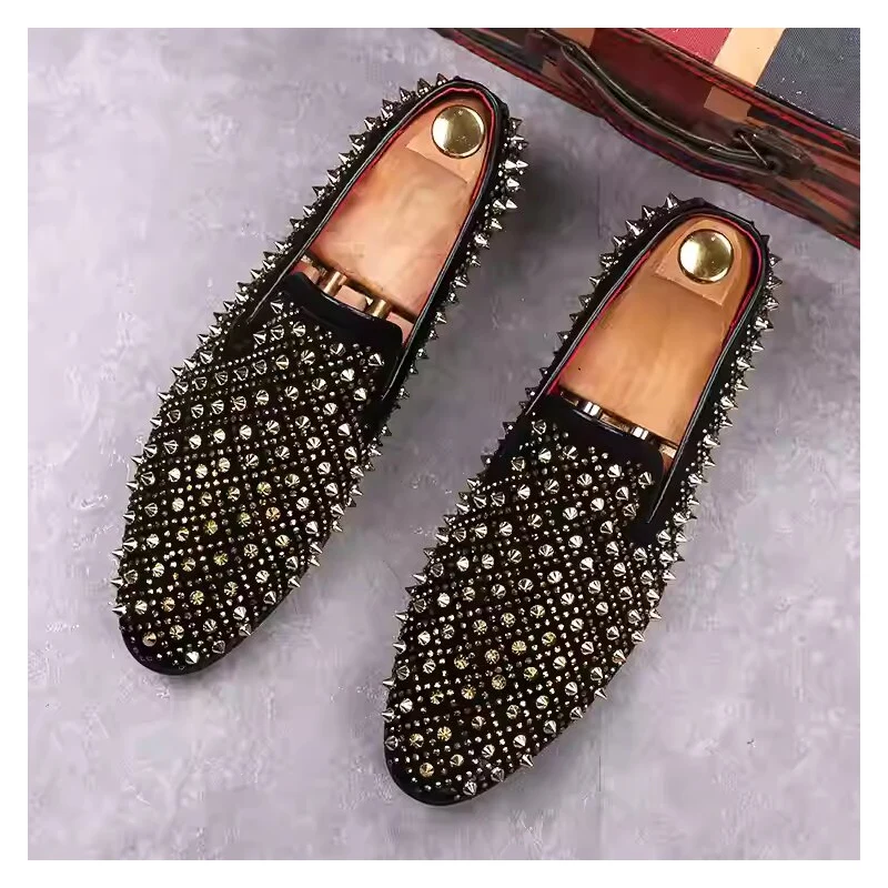 men's fashion punk rock rivets shoes slip-on cow suede leather flat shoe black gold spikes studded loafers breathable footwear
